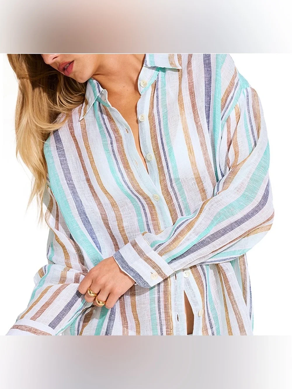 NWT Vitamin A Swim Playa Linen Boyfriend Shirt, Tidal Stripe, Blue/White/Tan, XS